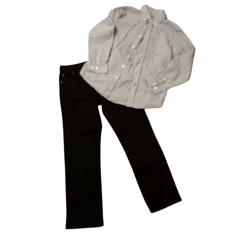 Boys Outfit Black/White Plaid Button Down & Black Jeans Size 10/12